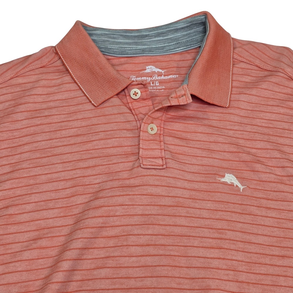 Tommy Bahama Polo Shirt Mens Large Coral Orange Striped Short Sleeve Cotton - Picture 2 of 13